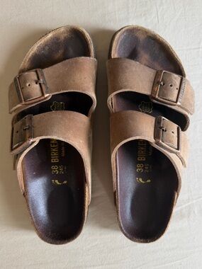 Birkenstock Arizona Sandals Size 38 (W 7-7.5) Brown Tan Leather Double Strap